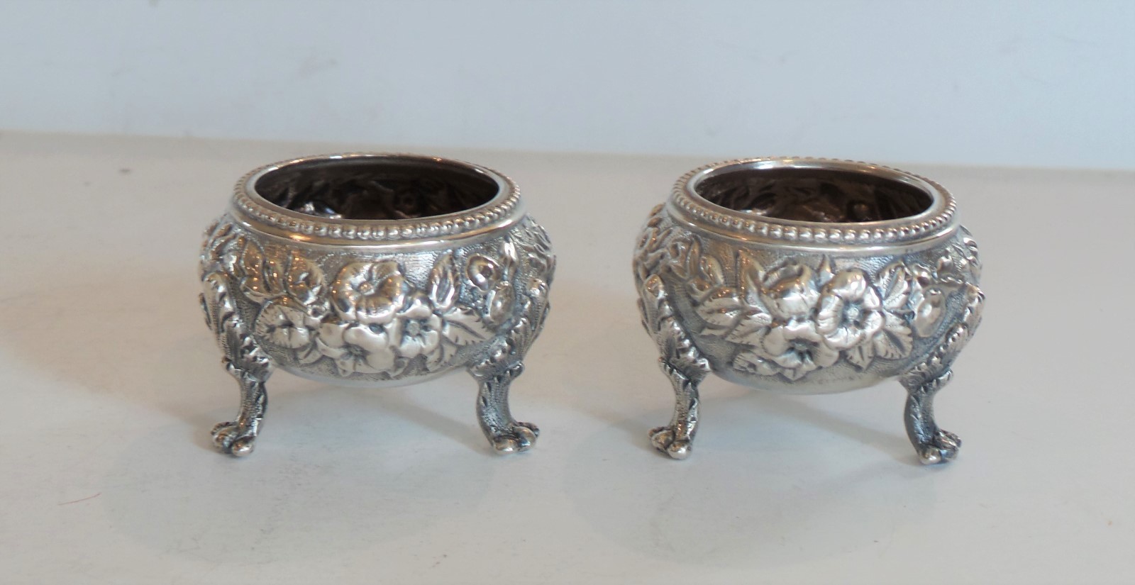 Pair Kirk REPOUSSE Coin Silver Footed Salt Cellars,100 Grams