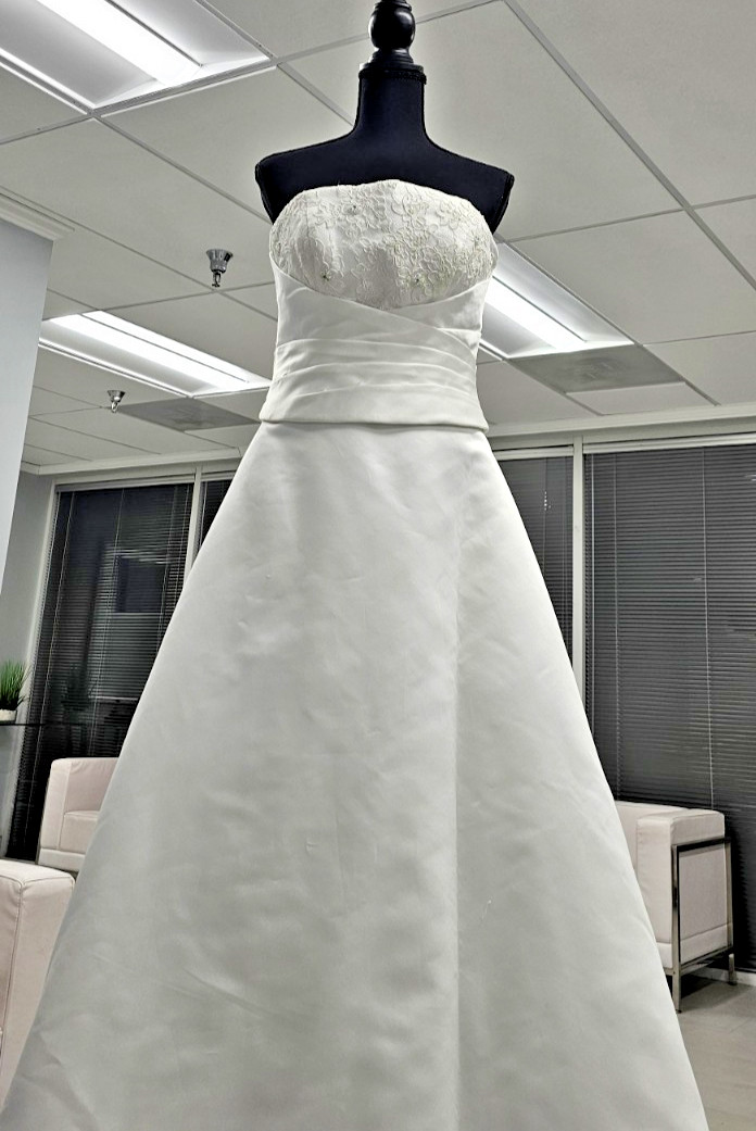 5403 Strapless Satin Gown A line skirt with a mock 2 pieces.