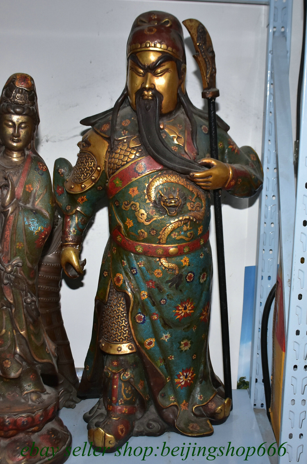 32″ Chinese Purple Bronze 24K Gold Gilt Cloisonne General Guan Gong Yu Statue
