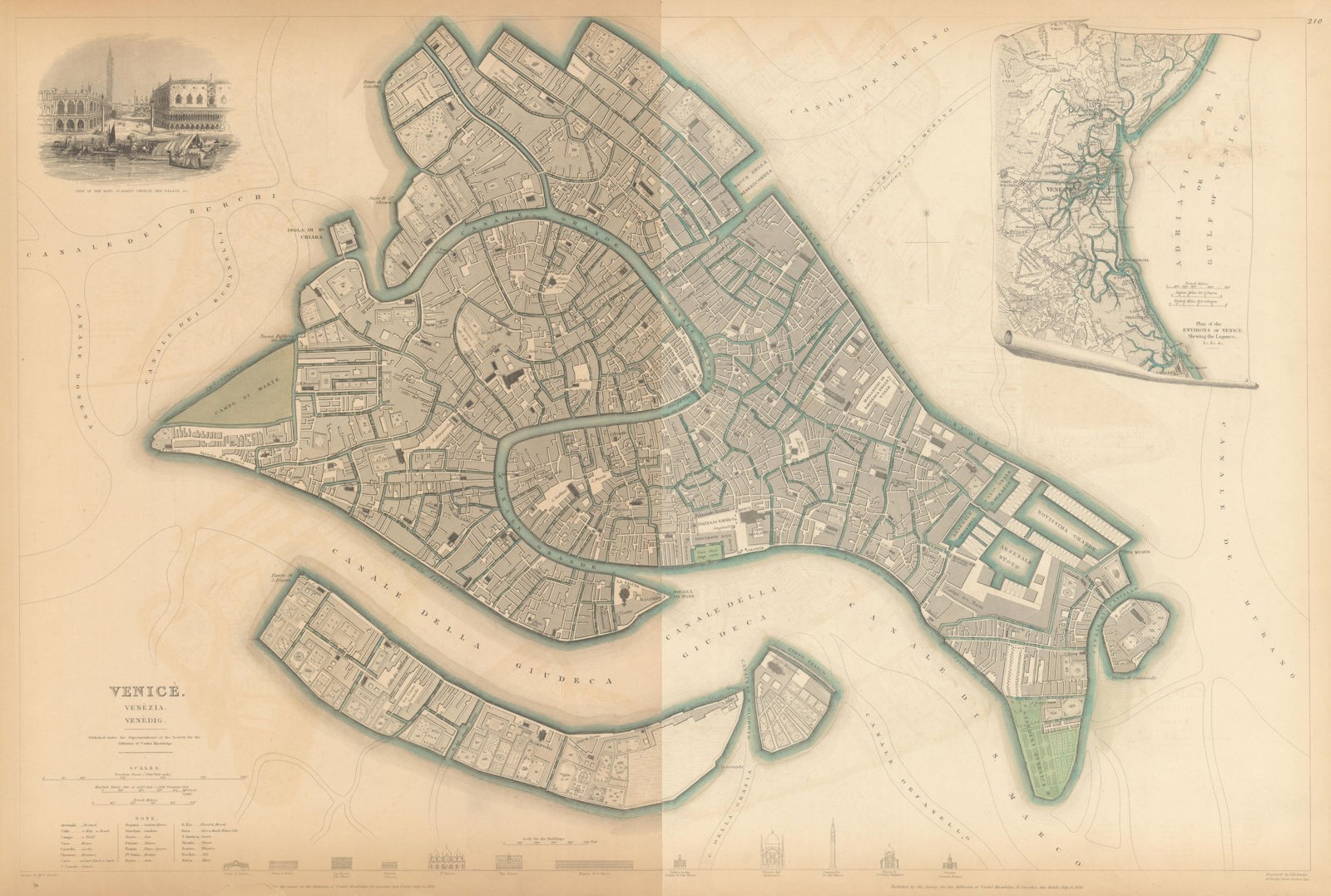 VENICE VENEZIA VENEDIG. Antique town city map plan. Environs. LARGE. SDUK 1844