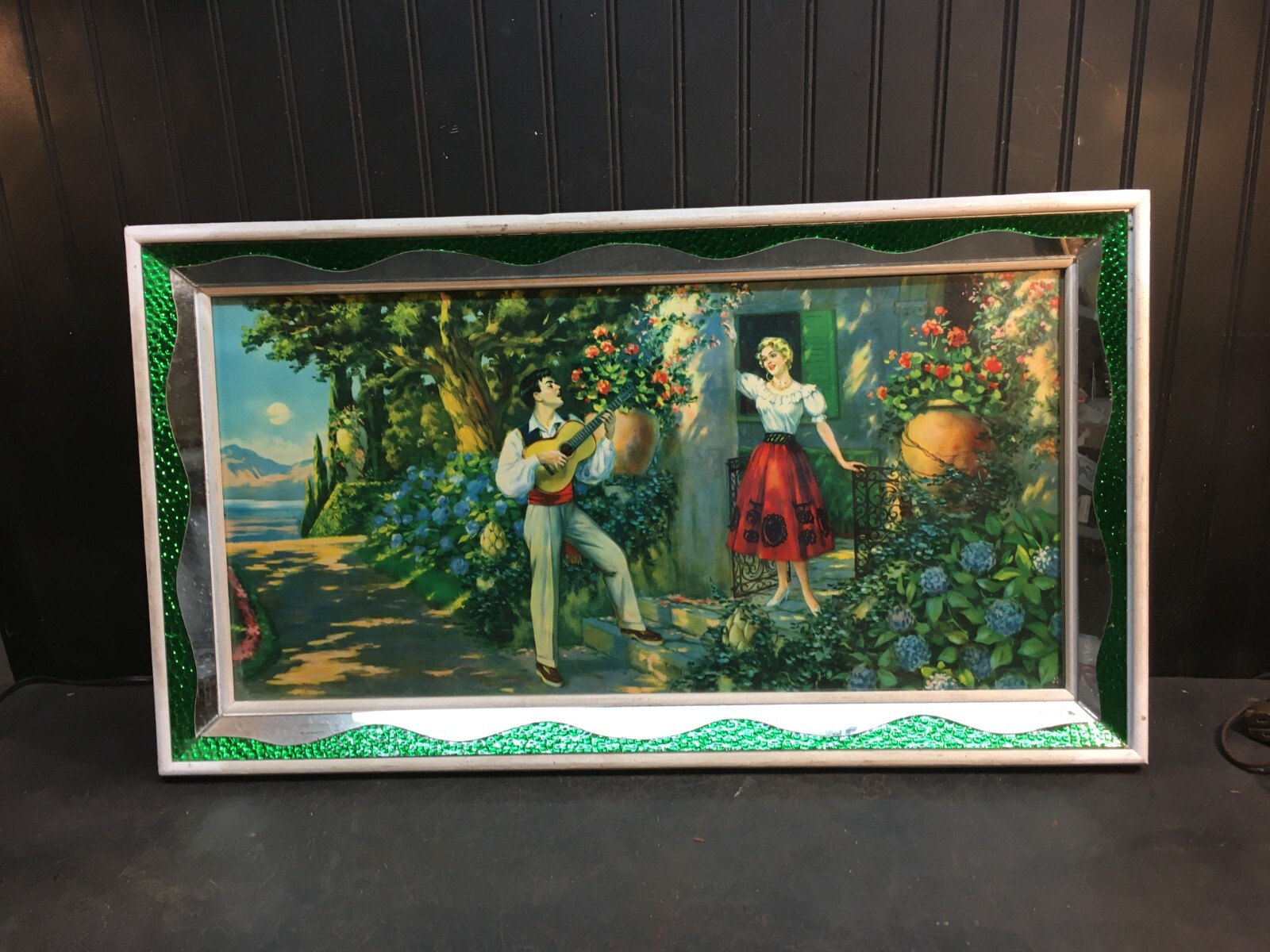 Vtg Art Lady In Garden Mediterranean Print Mirrored Glass Frame 18in x 32in