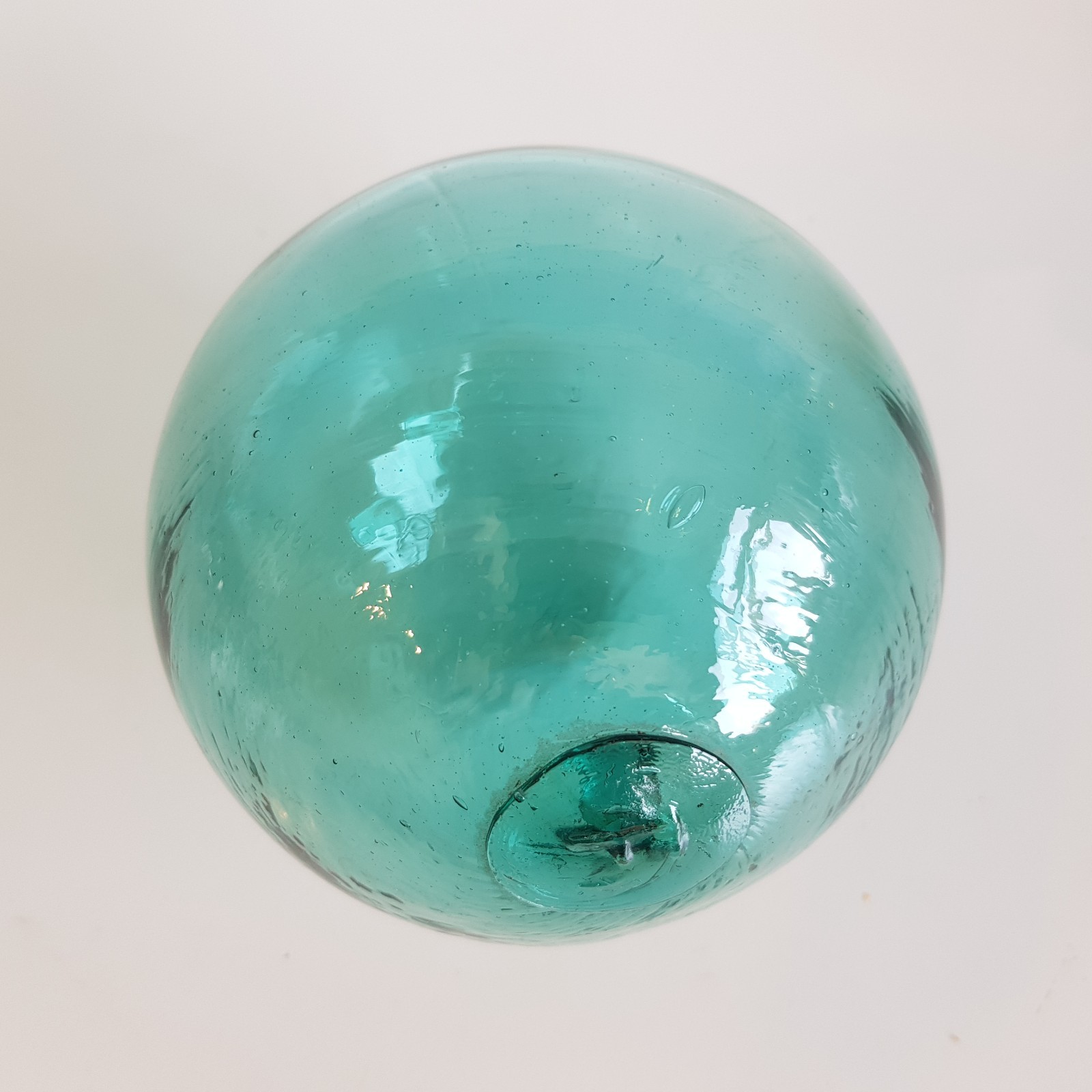 Antique glass float sea fishing F pontil mark blue green 11cm marine England