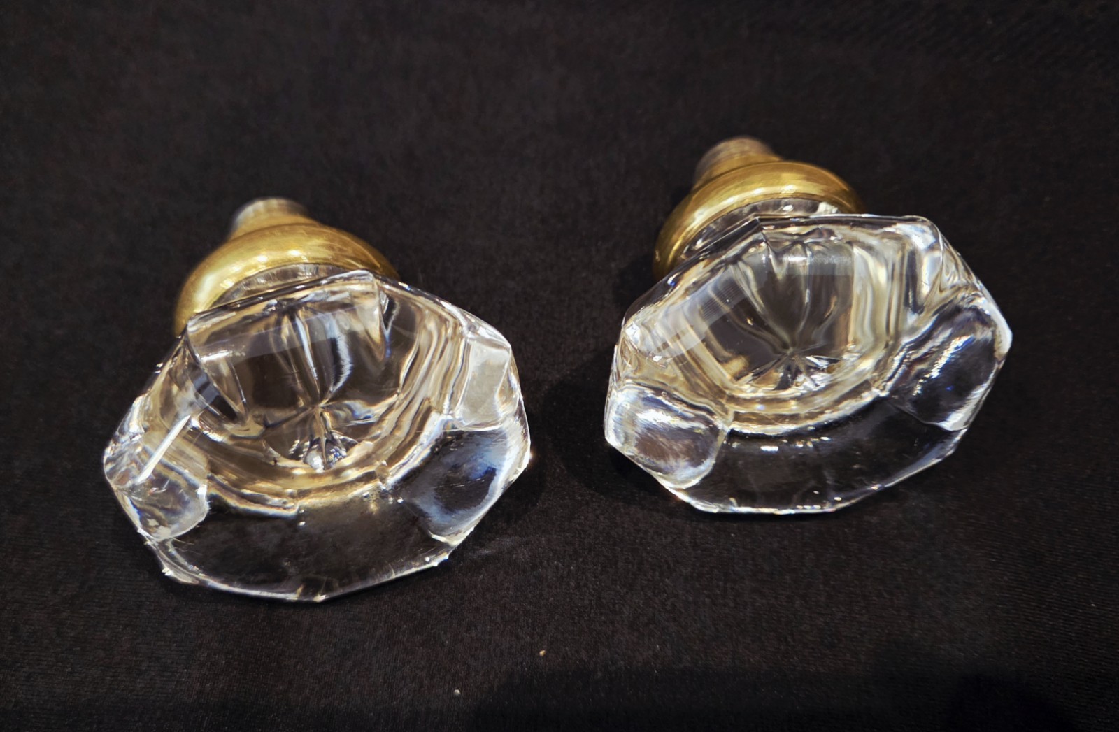 Pair 2 Antique 8 Point Octagon Glass Crystal Door Knob Brass Base Victorian Era