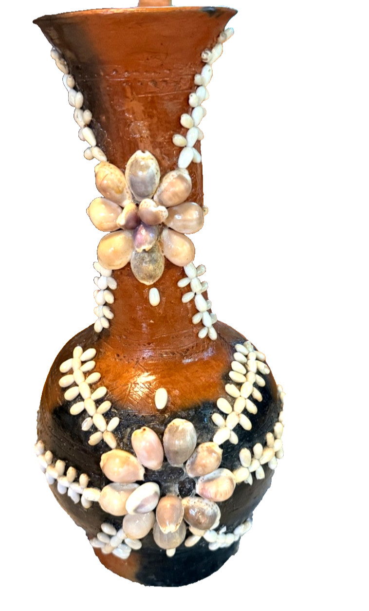 Antique With Seashells Jug With Handle Terracotta Folk Art Brown Clay Medium