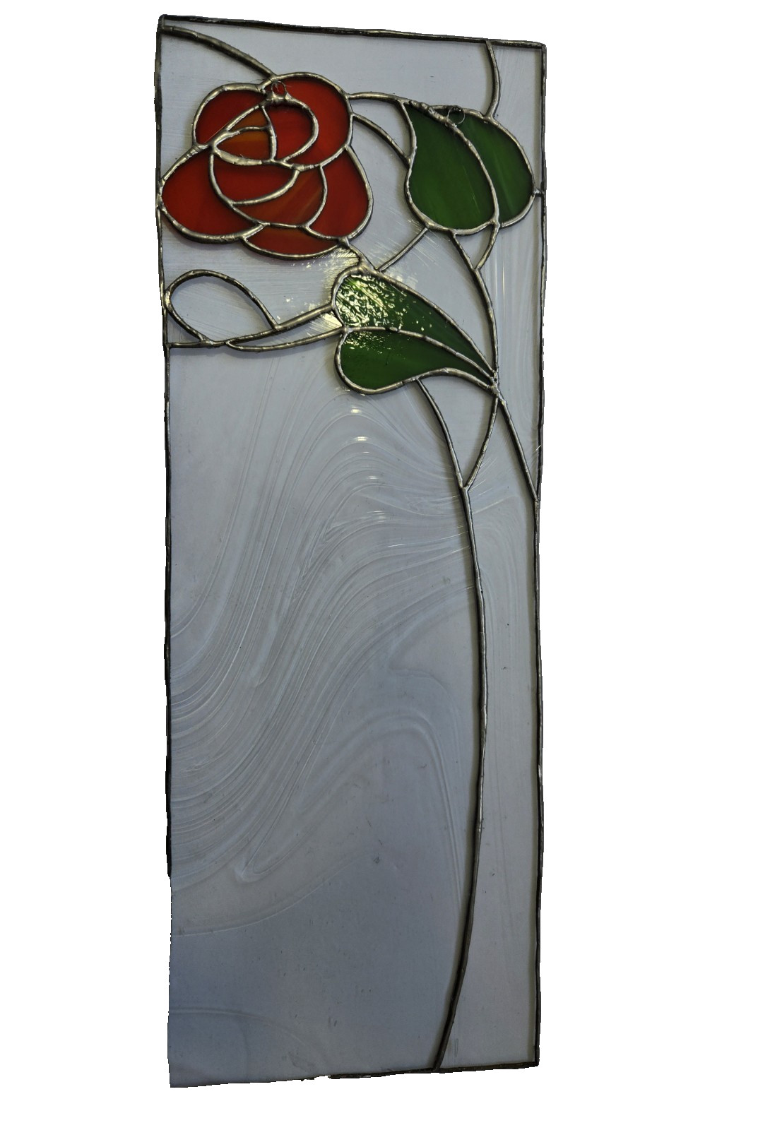 Stained Glass Rose w/Long Stem Window Suncatcher Floral Hanging HandMade 19″ L