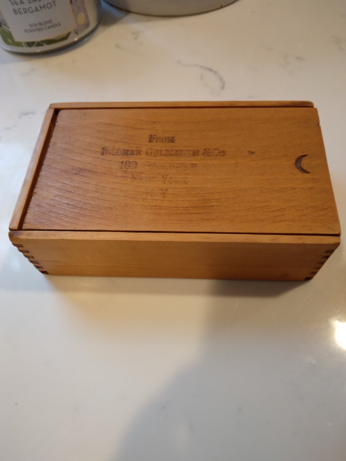 Small antique dovetailed box. Slide top/Inggmar Goldmith/New york