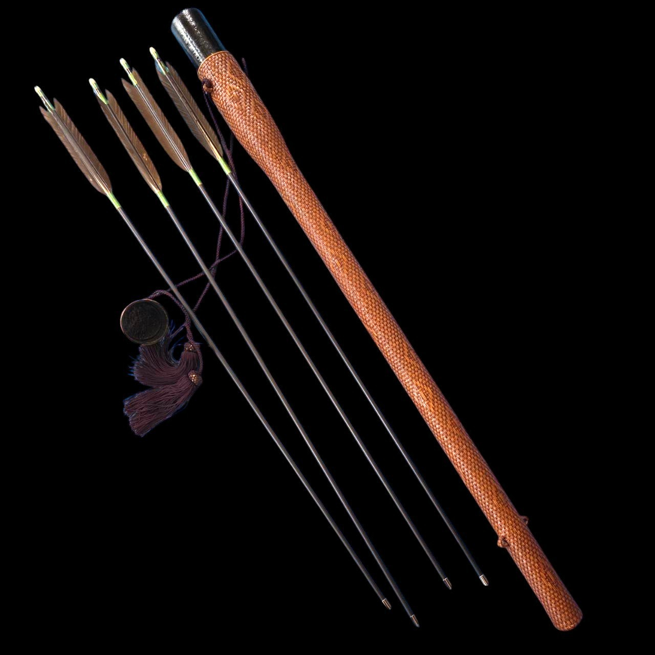 Vintage Japanese Kyudo Rattan Quiver Yazutsu and 4 Arrows Set Samurai Art #1