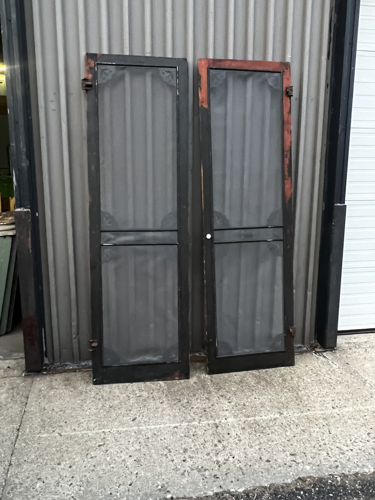 WOW rare Pair c1884 screen doors ORIGINAL hardware – black 93” x 28.25 x 1 1/8”
