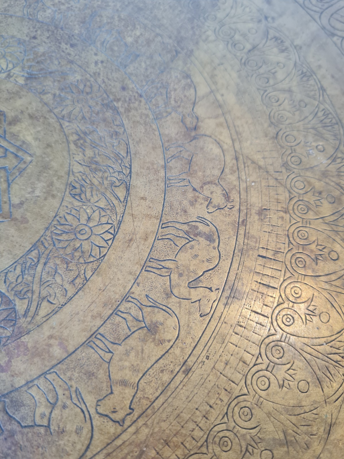 Large Antique Brass Tray, Table Top, Moorish Mughal India Middle East Islamic? 1