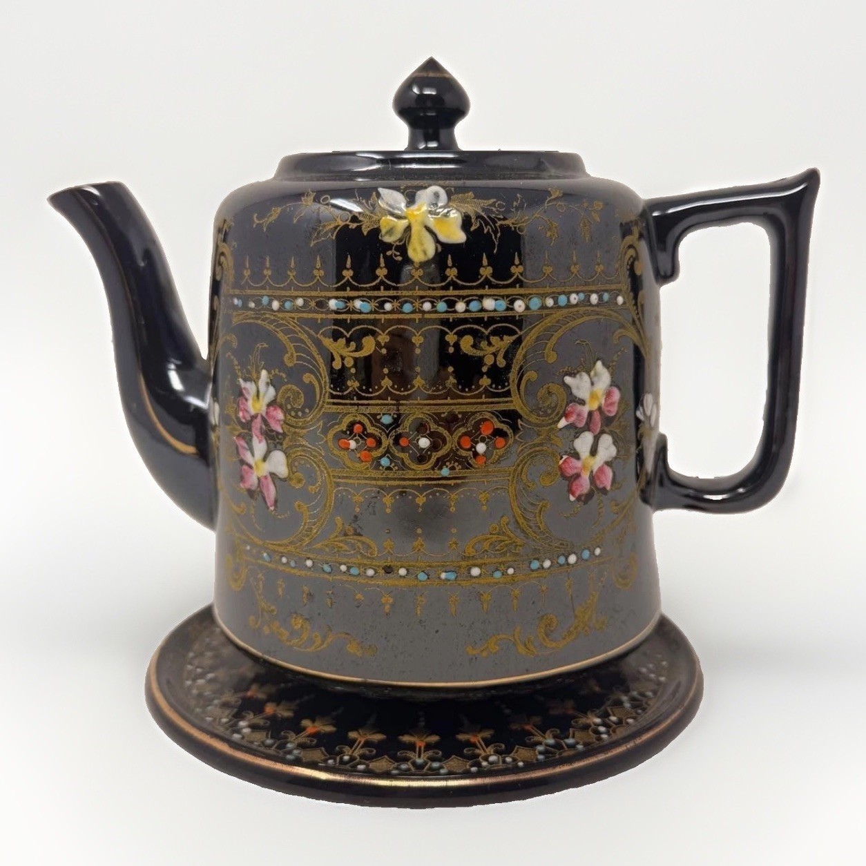 Antique Victorian Jet Black Teapot Gilt Floral England Rd 300253 Vintage 1880s
