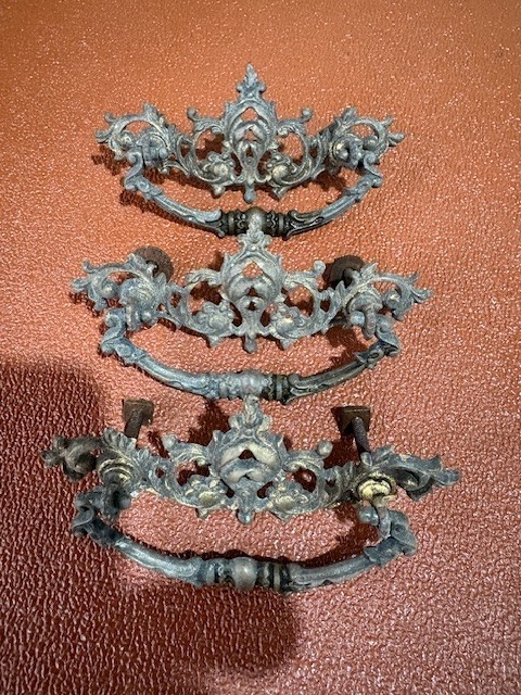 Set of 3 antique Brass Drawer Handles Ornate Drop Bail pulls lot 3