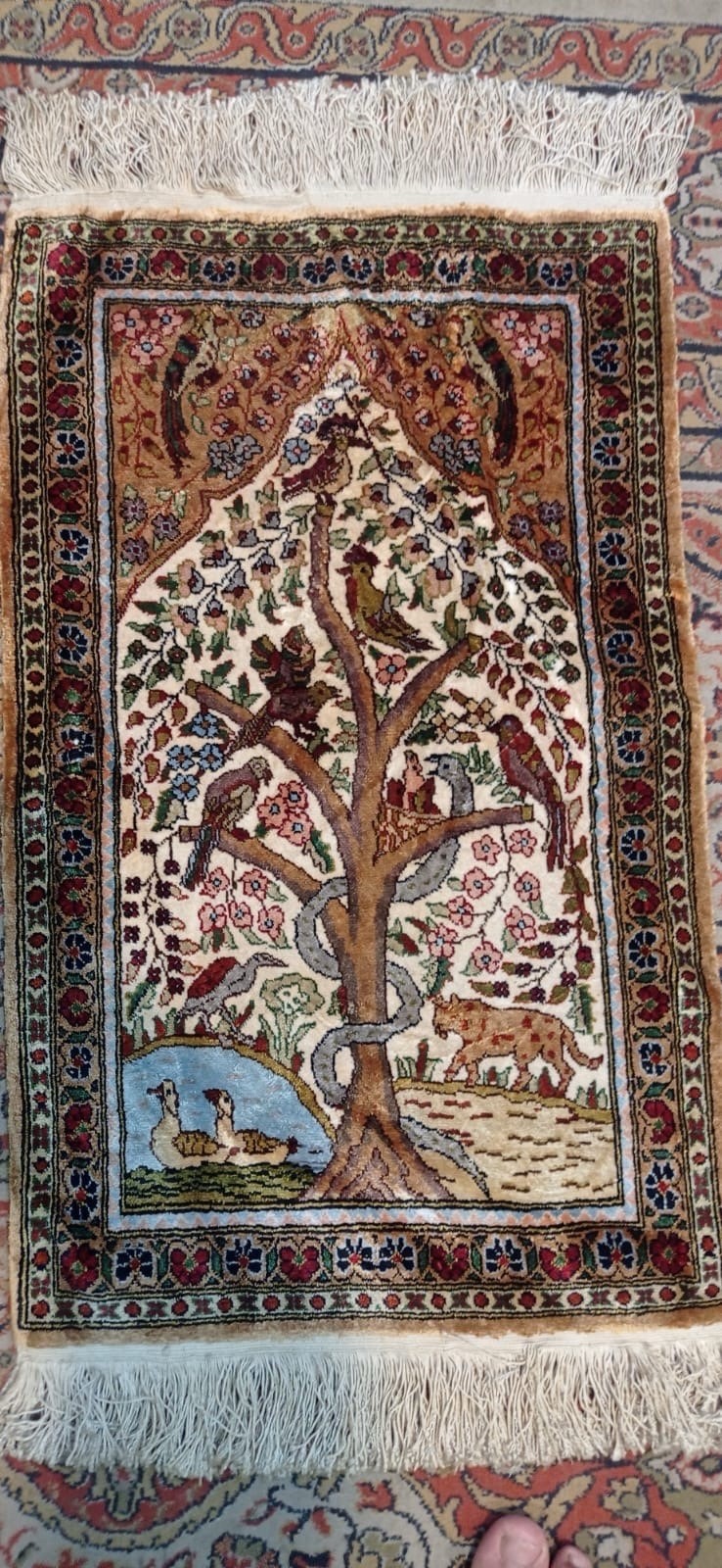 COLLECTORS PIECE Vintage Pure Natural Silk Super Fine Quality Tree Of life Rug