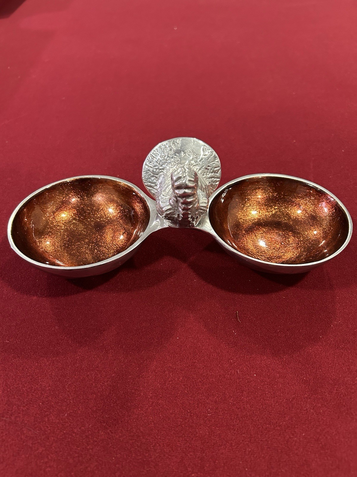 Vintage Turkey Double Condiment Dish Thanksgiving Metal Enamel Nut Bowl Copper
