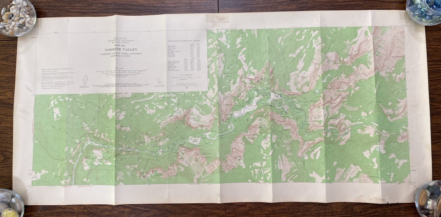 Yosemite Valley Topographical Map USGS Dept of Interior 1955/1958 41.5″x19″ VNTG