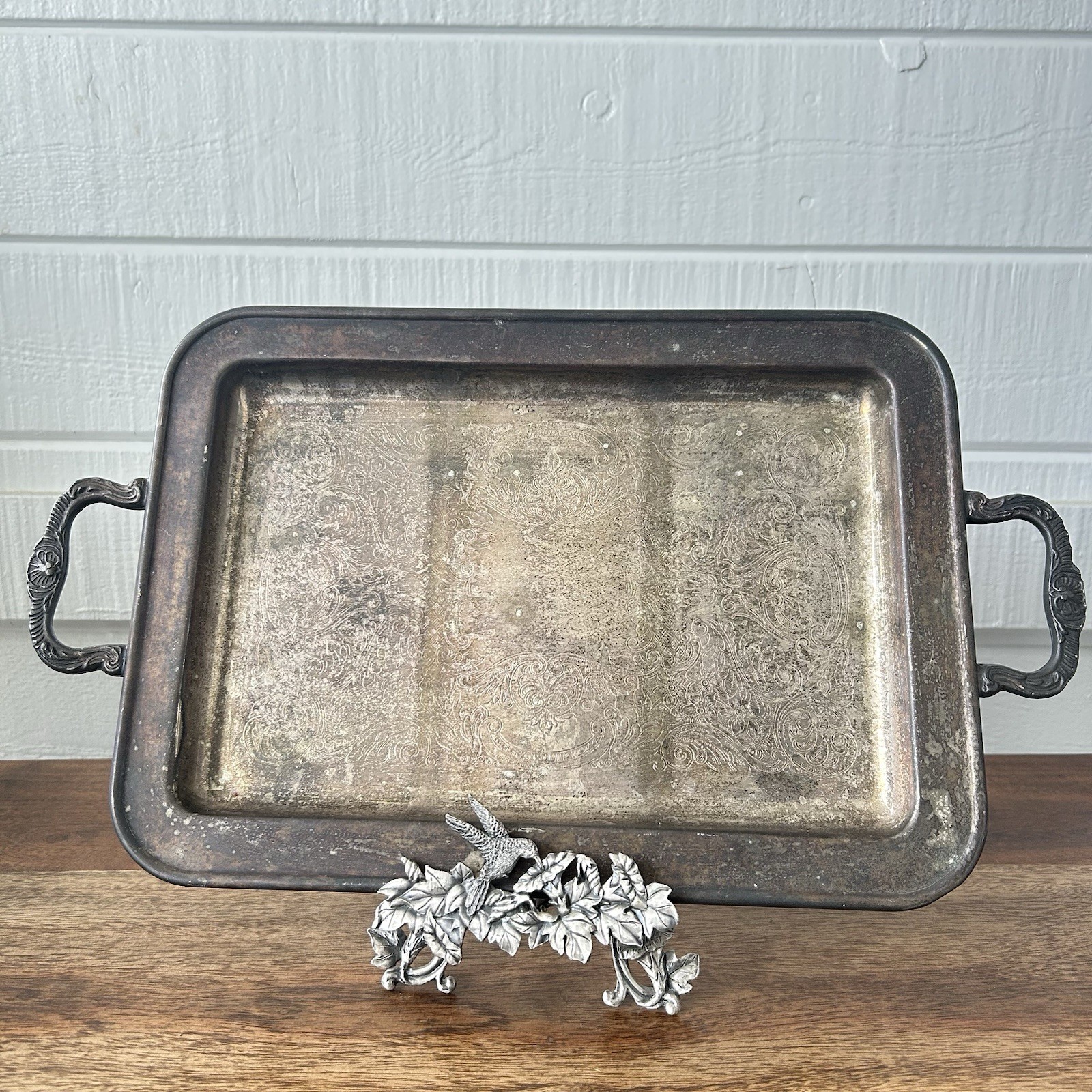 LEONARD Silver-Plate Etched Serving Tray 4-Footed w/Handles 17” Rectangular
