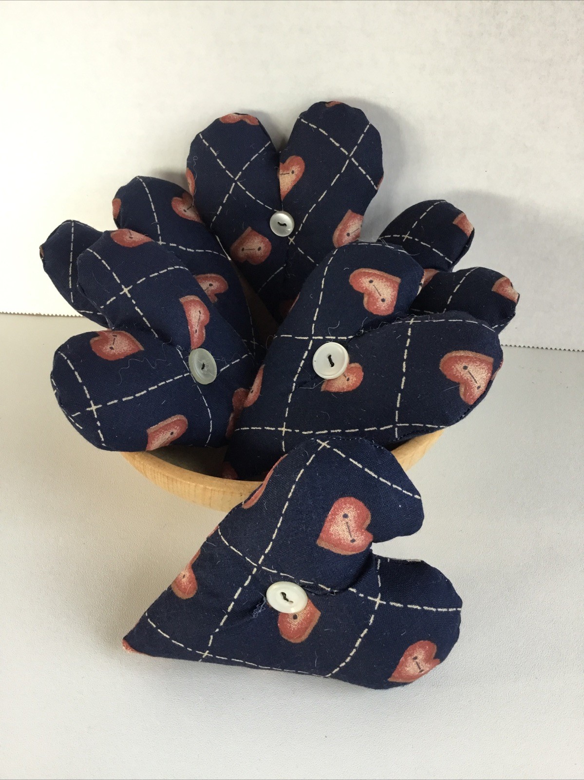 6 Navy Blue / pink Valentine print fabric Bowl Fillers Hearts Tucks ornies decor