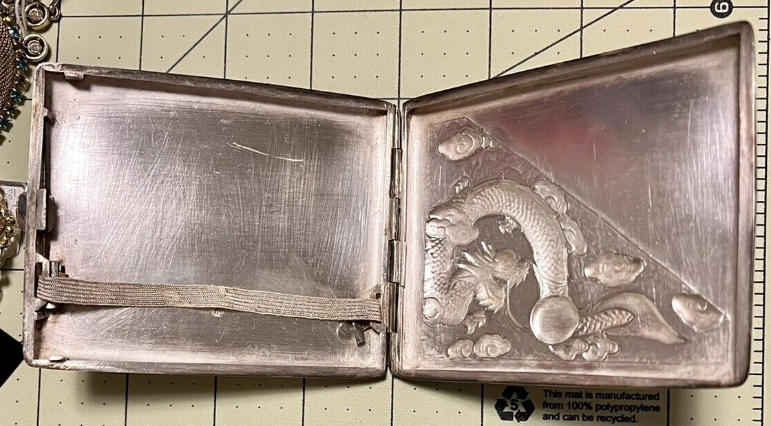 Antique Chinese Export Sterling Silver Dragon Cigarette Case Hallmark Monogram