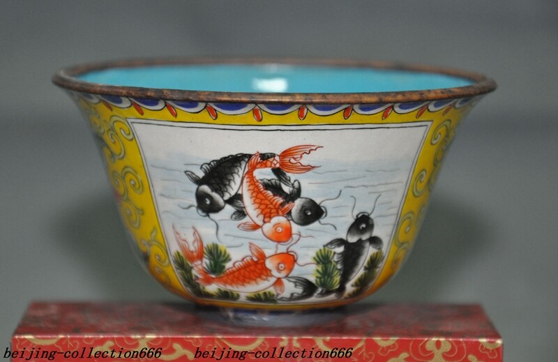 3.6″ Chinese bronze Cloisonne lucky animal fish goldfish text Tea cup Bowl Bowls