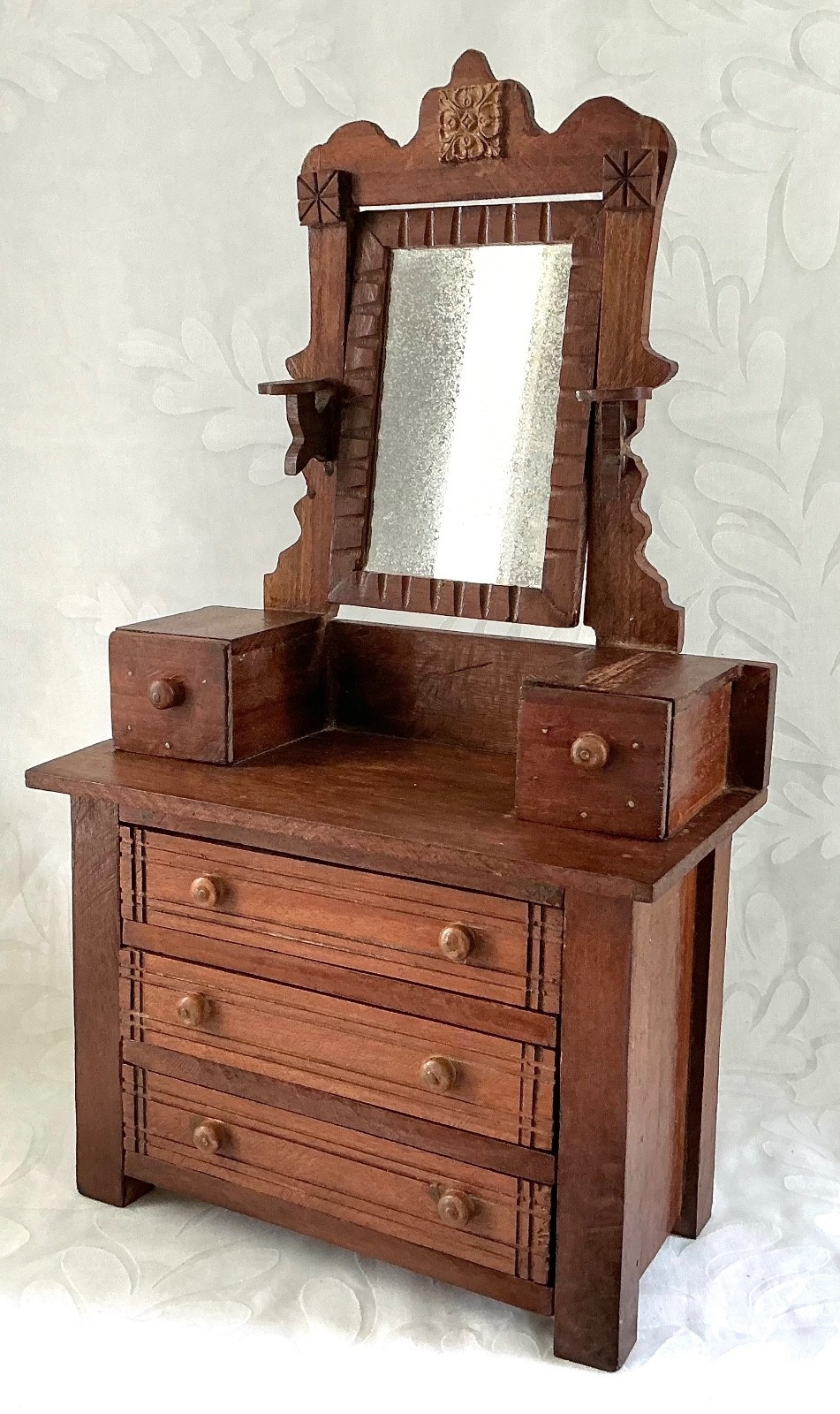 Lg Antique Doll’s 3 Drawer Dresser 19” w/Glove Boxes Tilt Mirror Candle Stand
