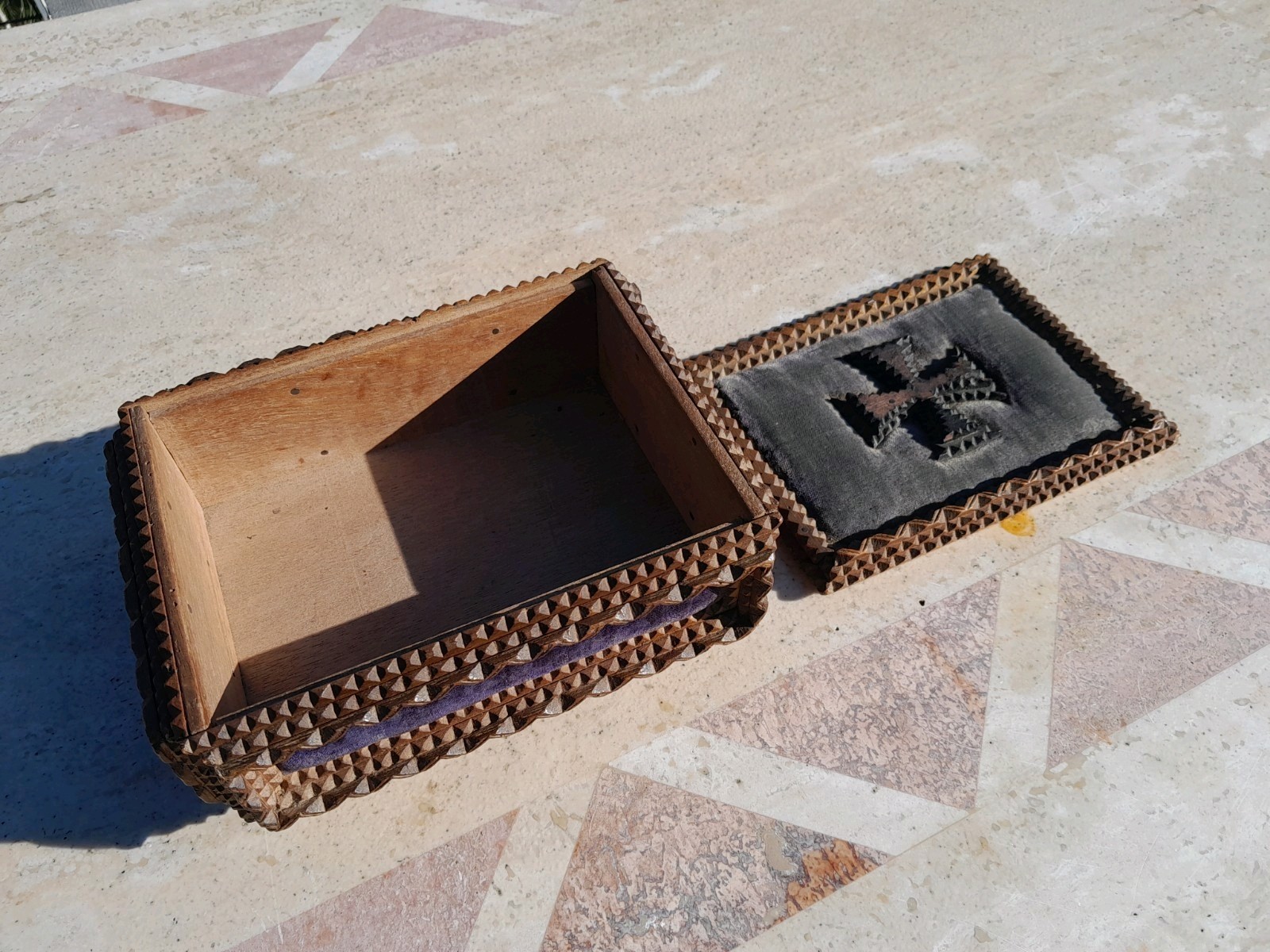 Antique French Tramp Art Trinket Box With German Cross Jewellery Display WW1