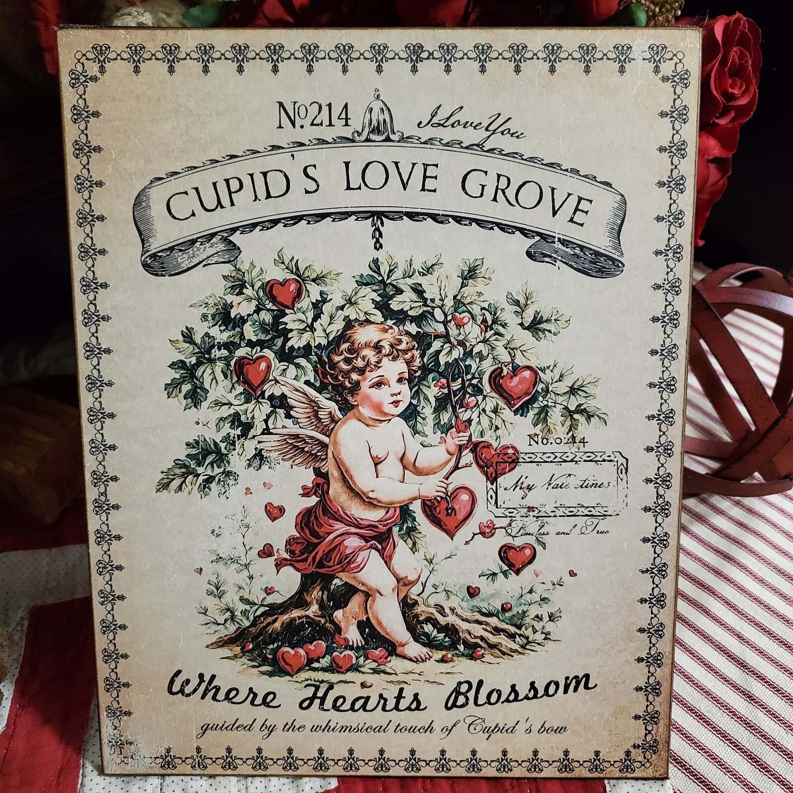 SHABBY VICTORIAN PRIMITIVE VINTAGE STYLE VALENTINE CUPIDS LOVE GROVE HEART SIGN