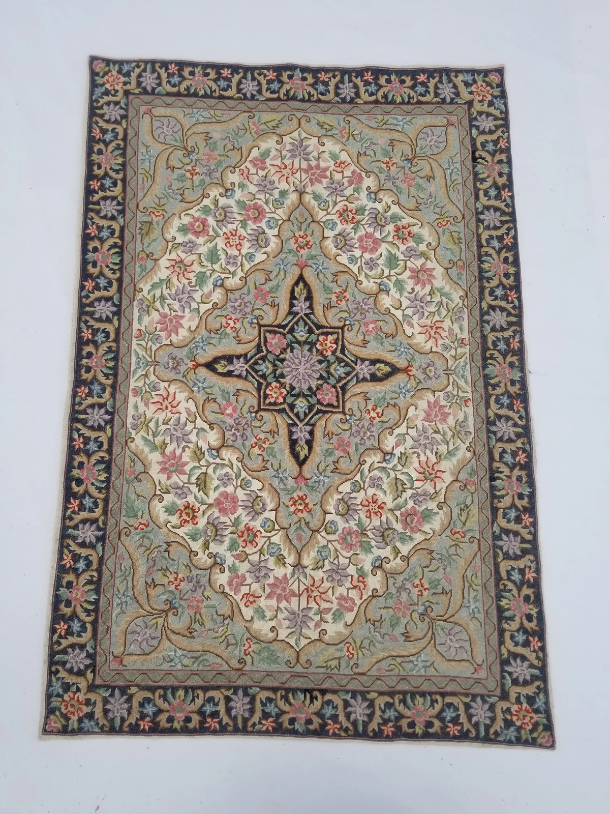 Vintage French Needlepoint Handmade Floral Multicolor Wool Rug Carpet 5.8×3.9ft