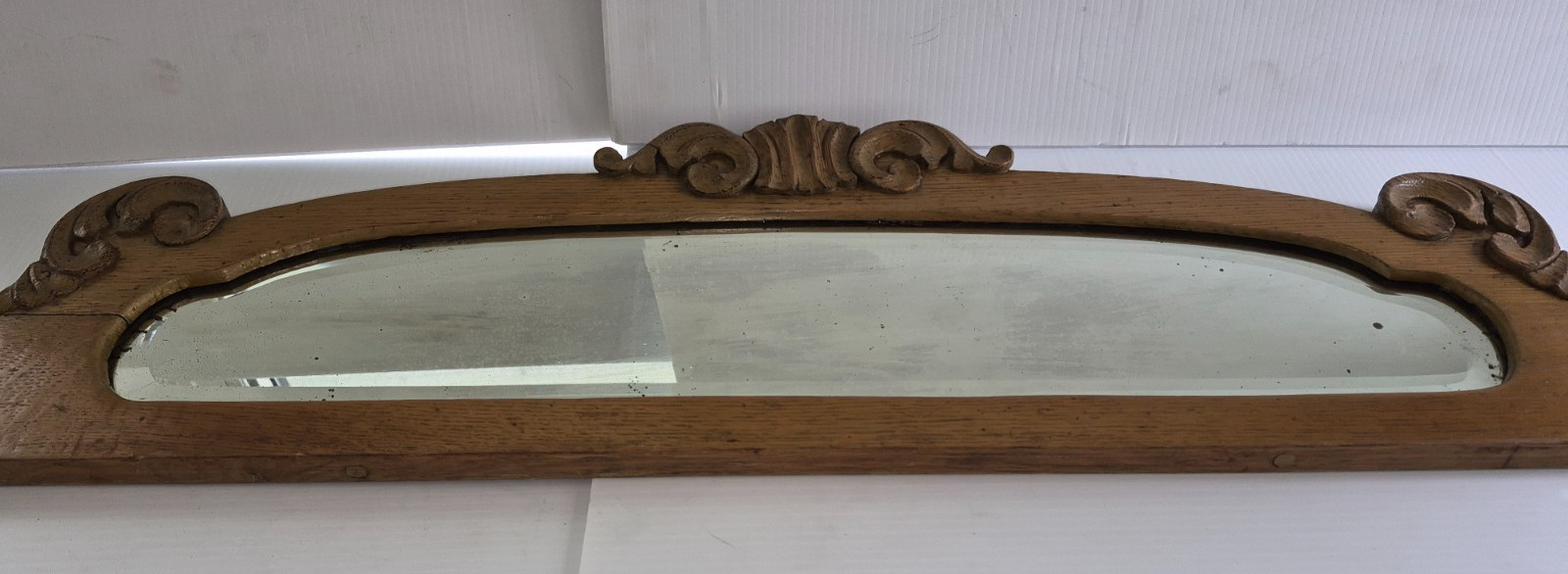 Antique Oak Beveled Oval Mirror Backsplash Ornate Carved 56″ long