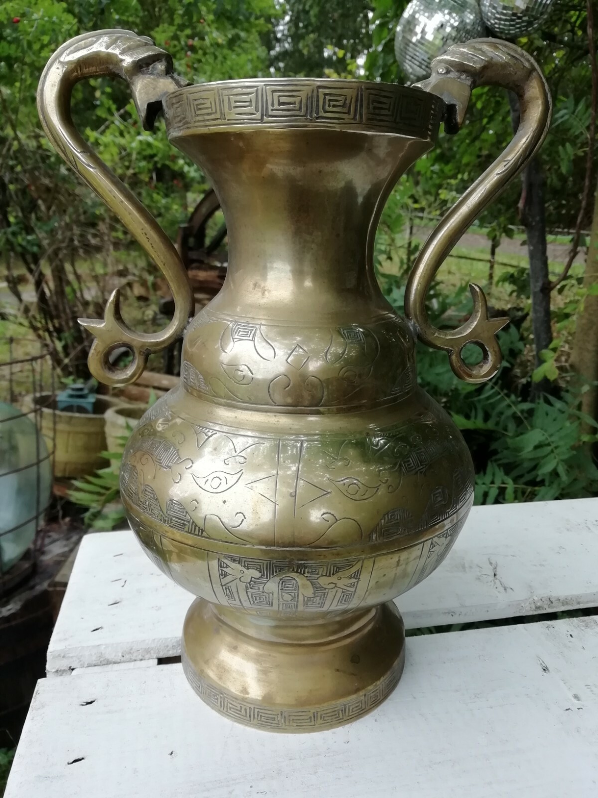 Heavy Antique Chinese Solid Brass Engraved Vase Urn Serpent Handles 2.25 Kilo’s