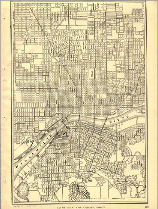 1919 Original Map Portland Oregon B & W Vintage From Collier Atlas