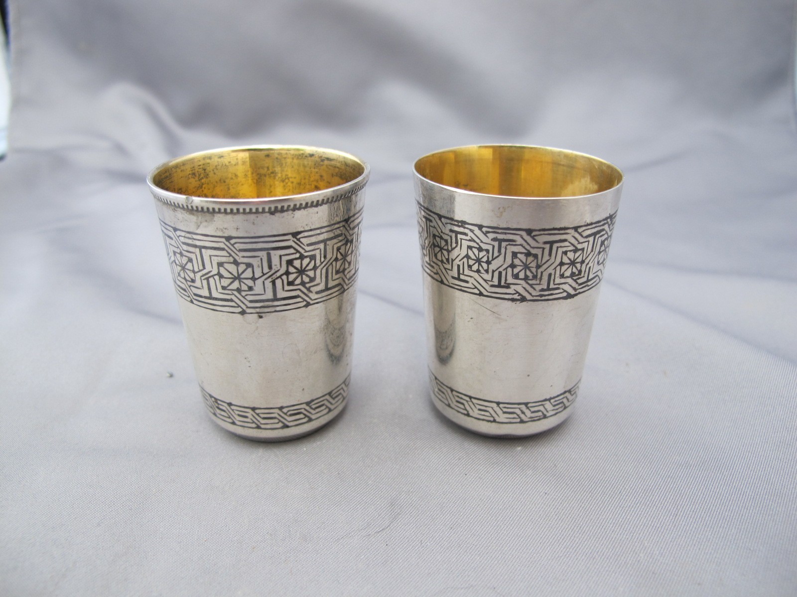 Two SOVIET Russian 875 Silver VODKA CUPS-Geometric NIELLO Decoration-A Yu 7 & AA