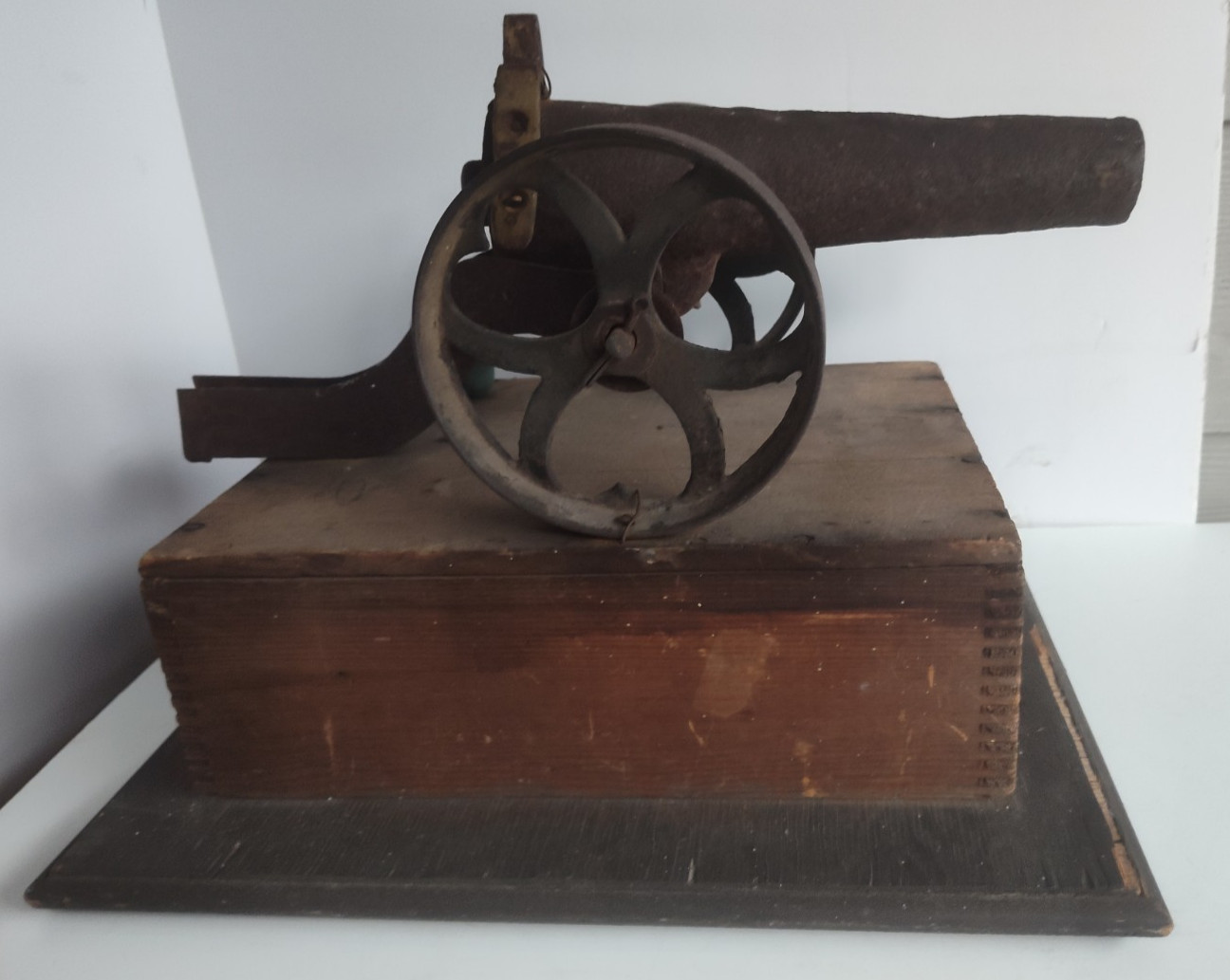Unique 19th C. Primitive Hand Made Metal Folk Art Cannon on Wooden Crate Base