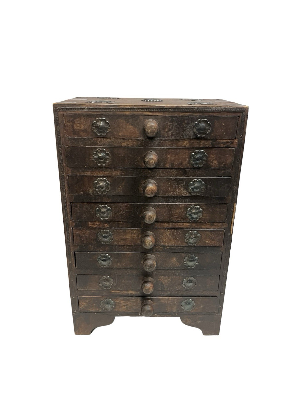 Antique Hindu Asian 8 Drawer Solid Wood Metal Jewelry Spice Organizer RARE