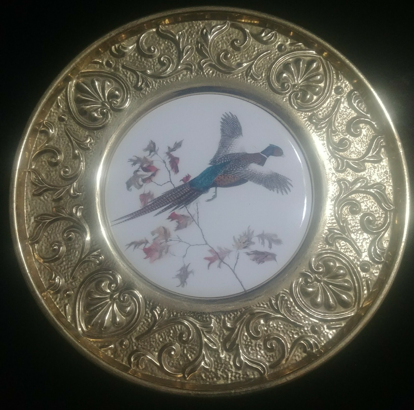 Rare Vintage Peerage 11 Inch Brass/ Porcelain Bird Wallhanging decor England