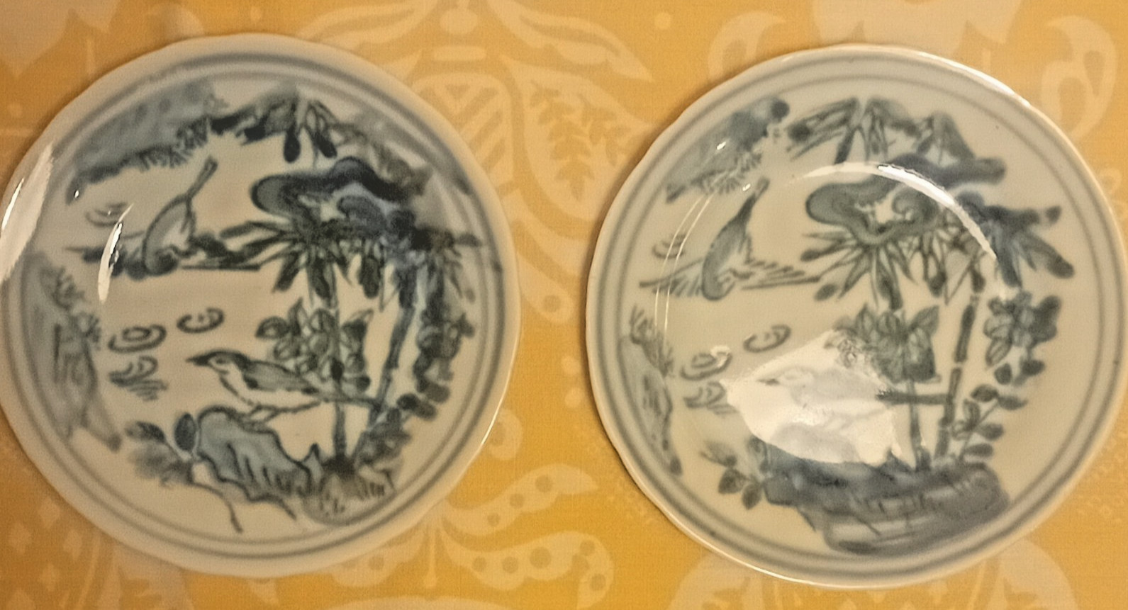 Vintage 2 X Japanese Pin Dish Plates Blue & White Bird Tree