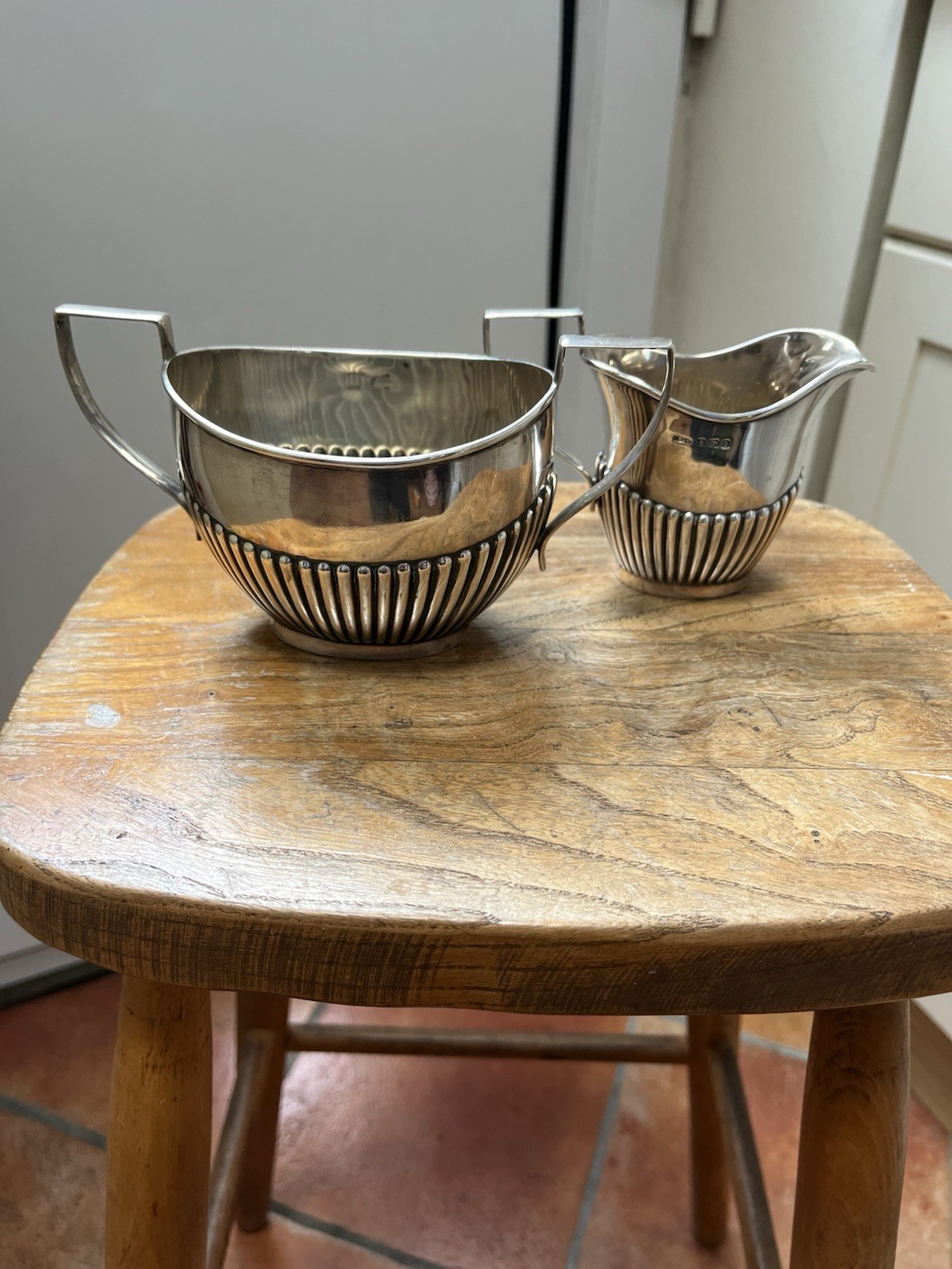 Hallmarked 1904 Solid Silver Gadrooned Sugar Bowl And Jug 286g Good Condition