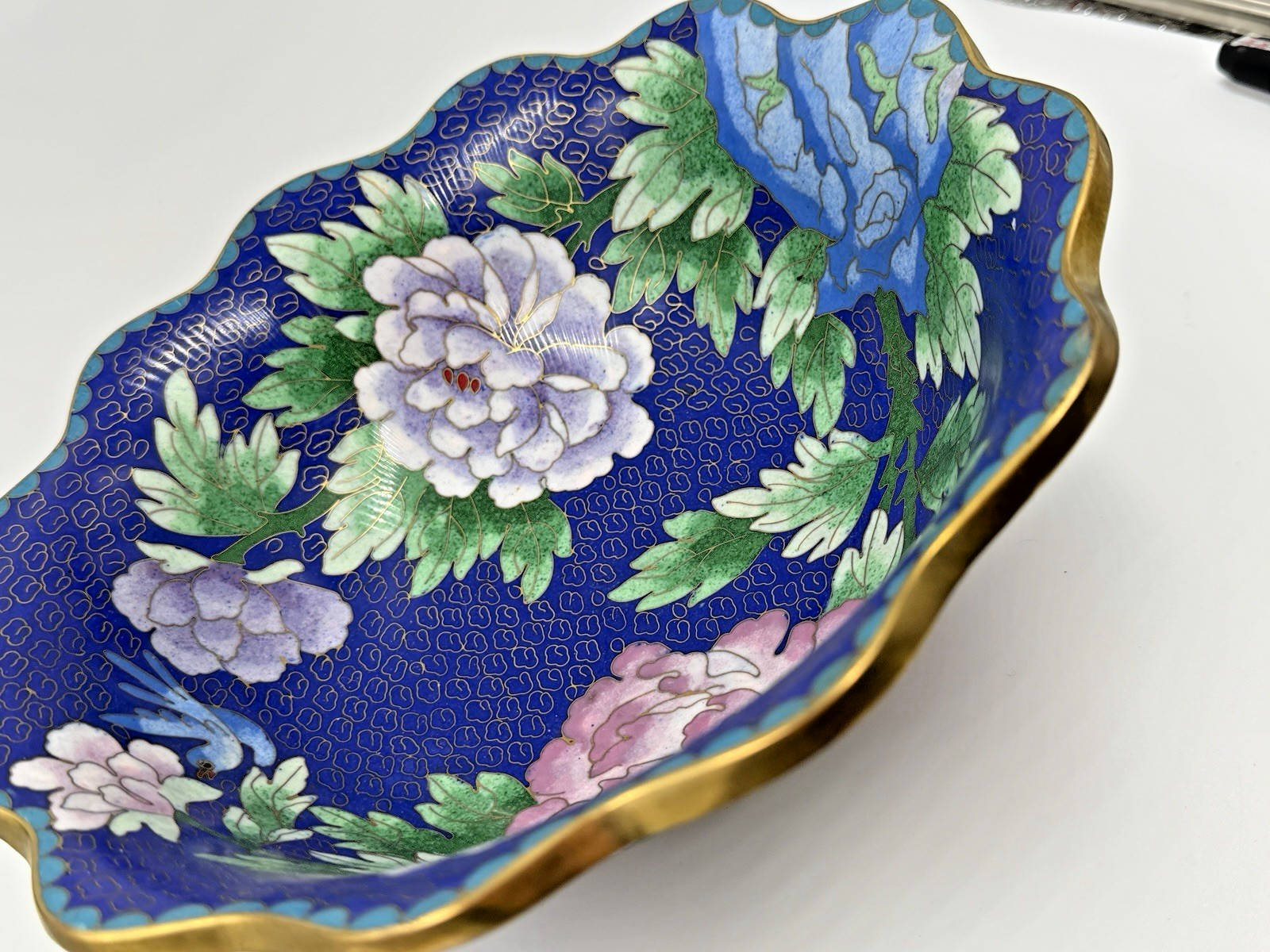 Chinese Cloisonne Bowl Large Fluted Blue Floral Enamel 9 Inches Export Decor