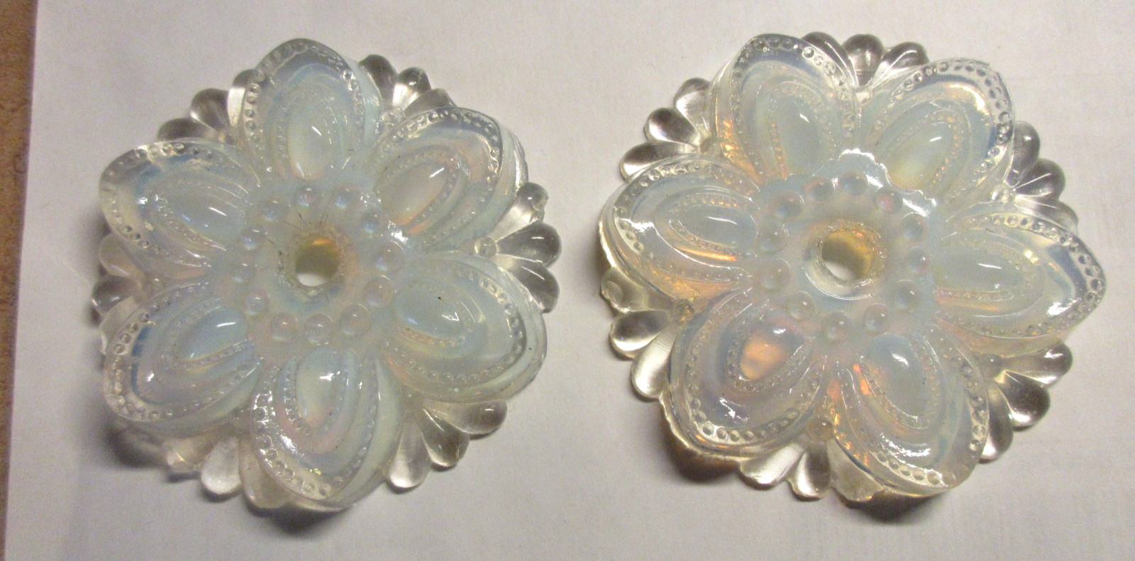 FINE PAIR OF ANTIQUE OPALESCENT VICTORIAN SANDWICH GLASS FLORAL TIE BACKS # 1 A