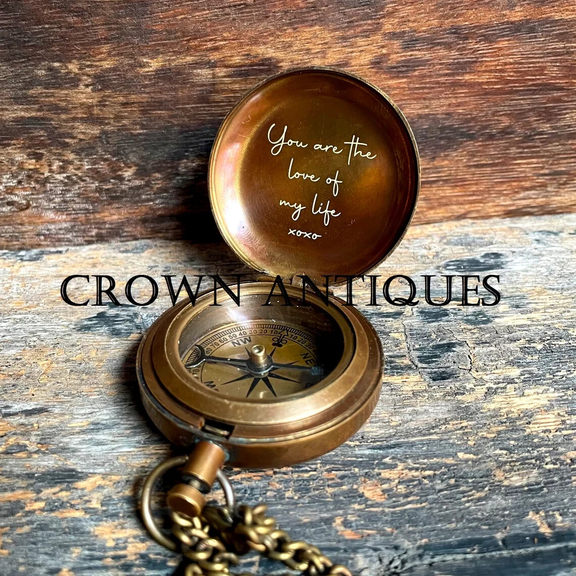 Antique Brass Engraved Stanley London Pocket Compass W/ Wooden Case Gift