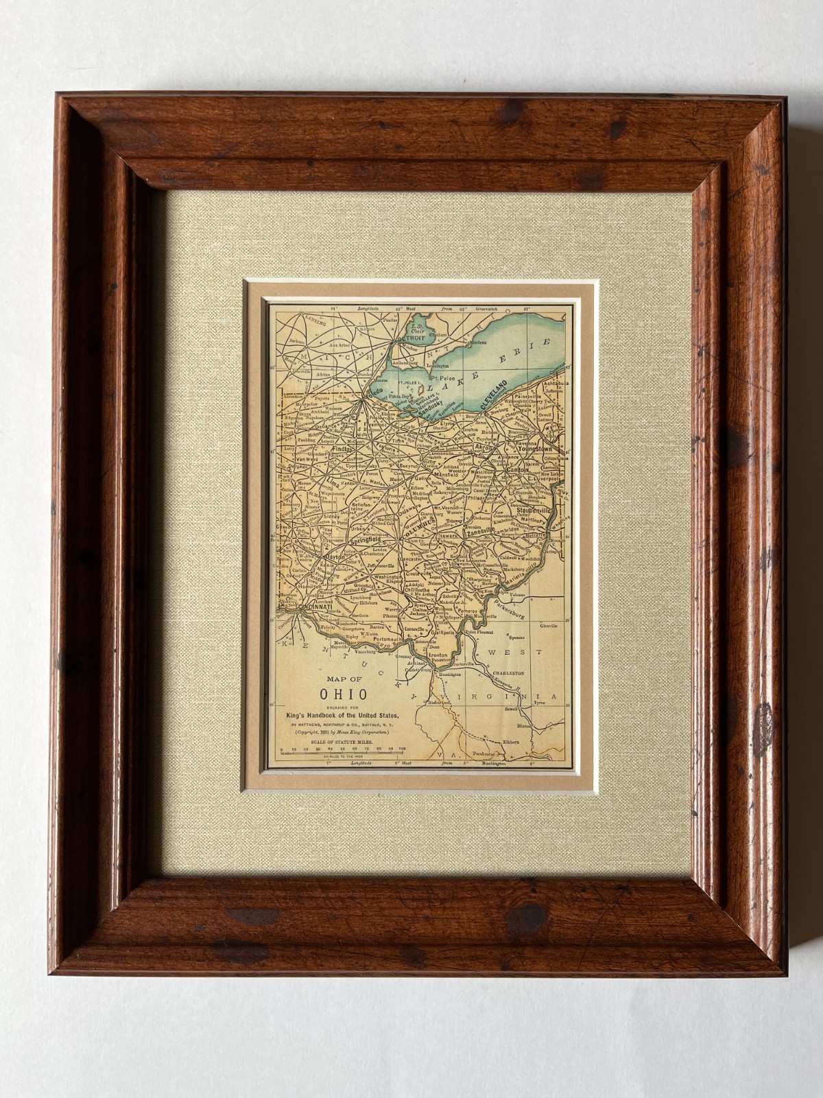 1891 OHIO “Copper” State Map by Matthews-Northrup Frame/Mat SEE DESCRIP