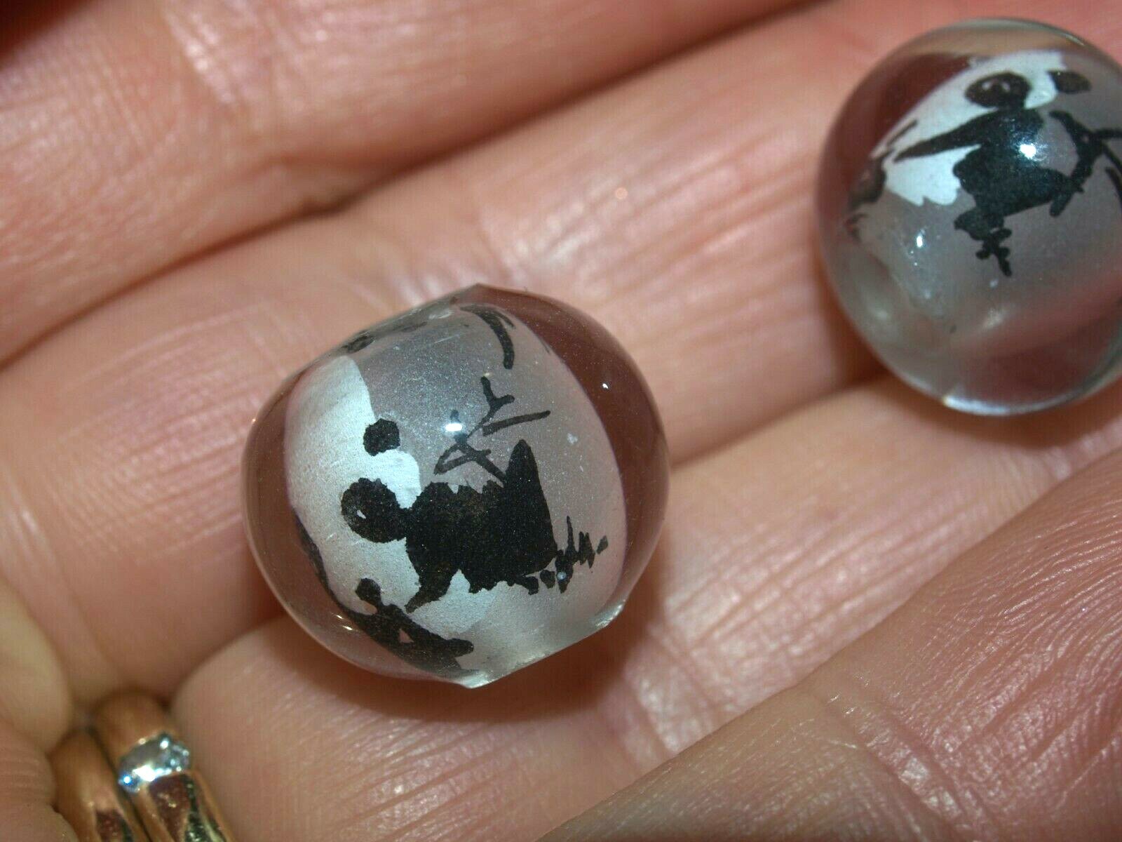 Pair of Vintage Chinese Reverse Painted Glass Beads Panda Bears 15mm Round