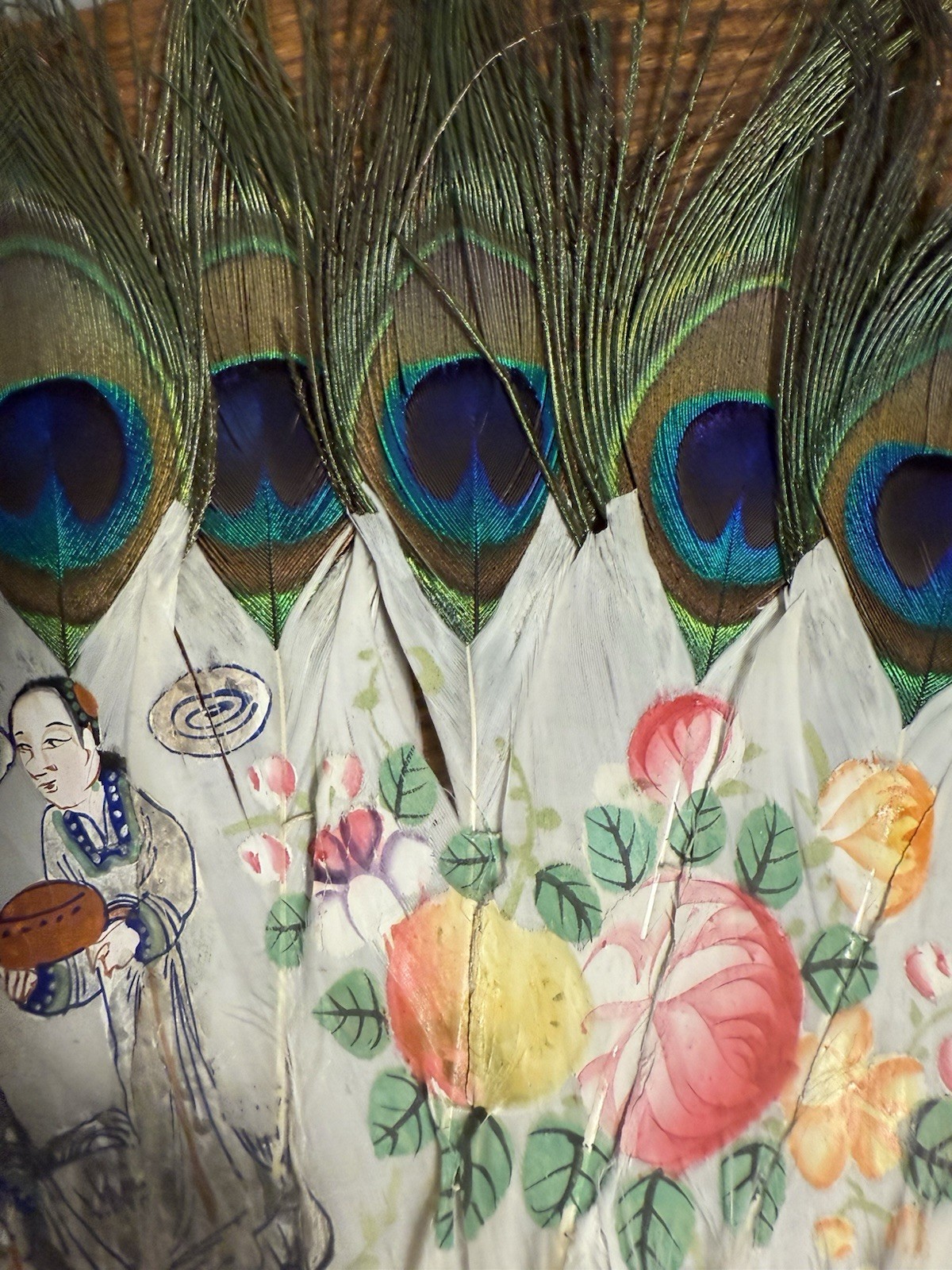 Antique Chinese Painted Peacock Feather Fan With Carved Sticks