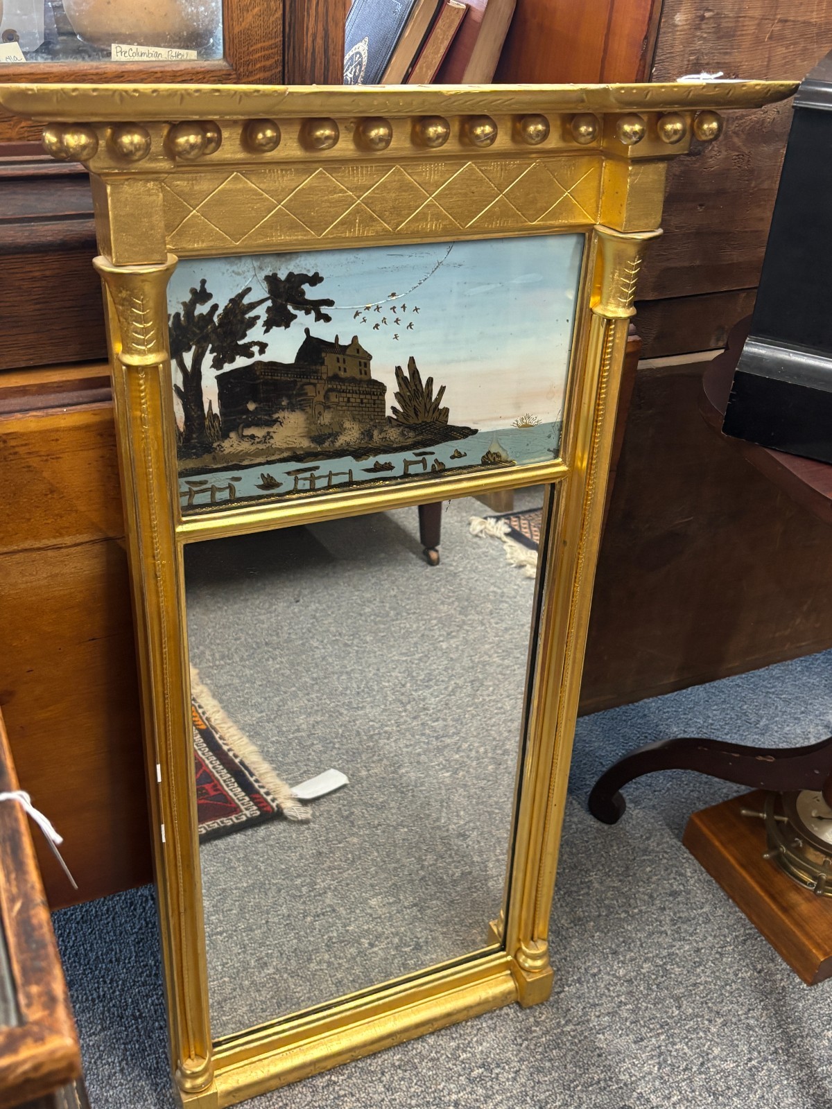 Gilt Gold Federal Mirror(1790-1810 Circa)w/Castle & Water Reverse Painted