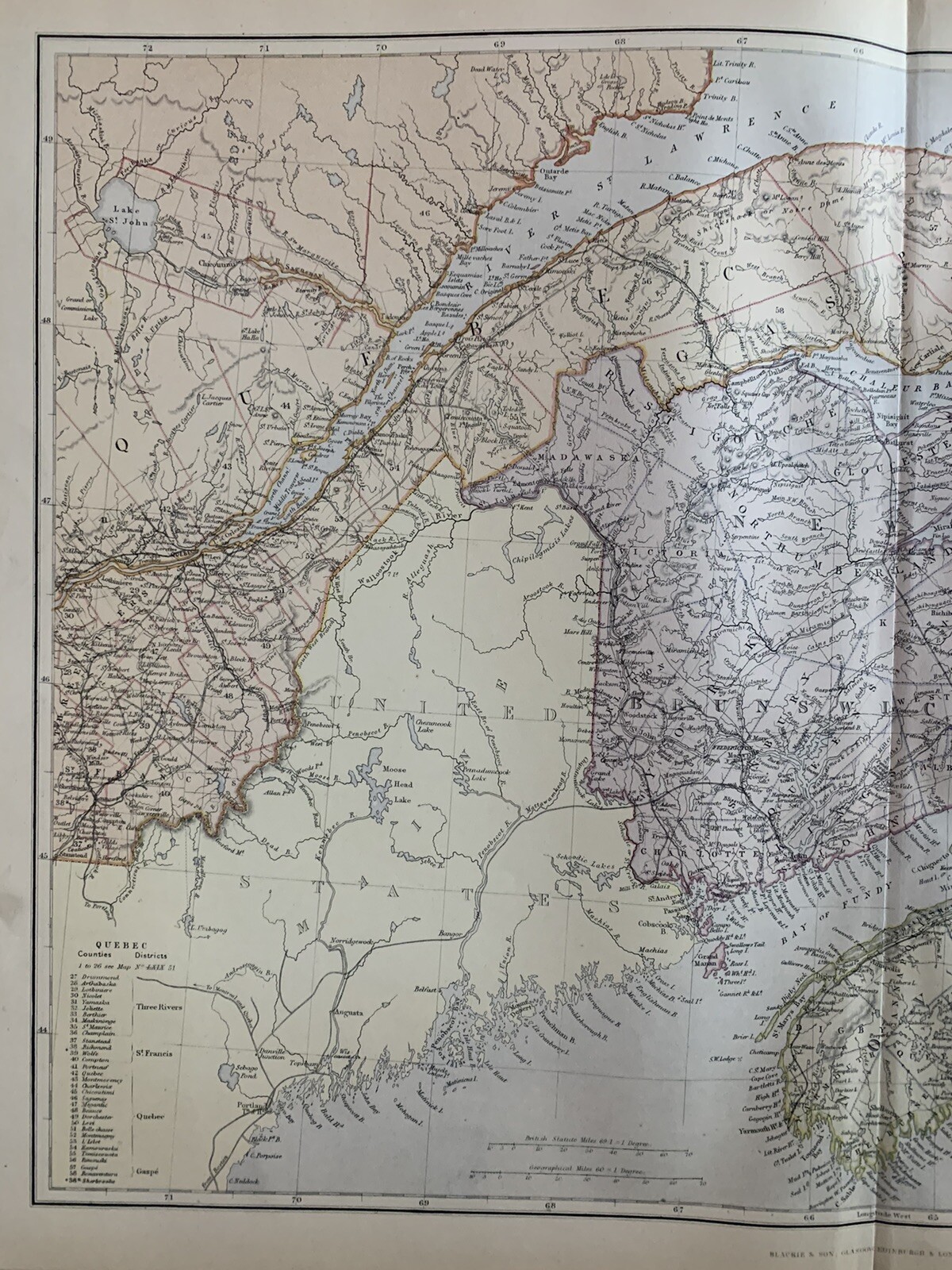 1882 EASTERN CANADA ORIGINAL ANTIQUE COLOUR MAP BY W.G. BLACKIE 138 YEARS OLD