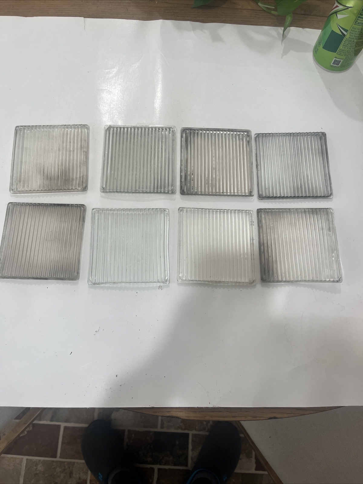 8 Antique Luxfer Prism Glass Tiles SAWTOOTH Design Smooth Plain Back 4×4 Rare!
