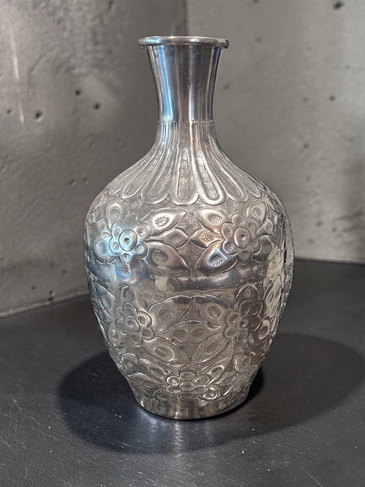 Vintage Repousse Silver Vessel / Vase Engraved With Flowers – Hammered