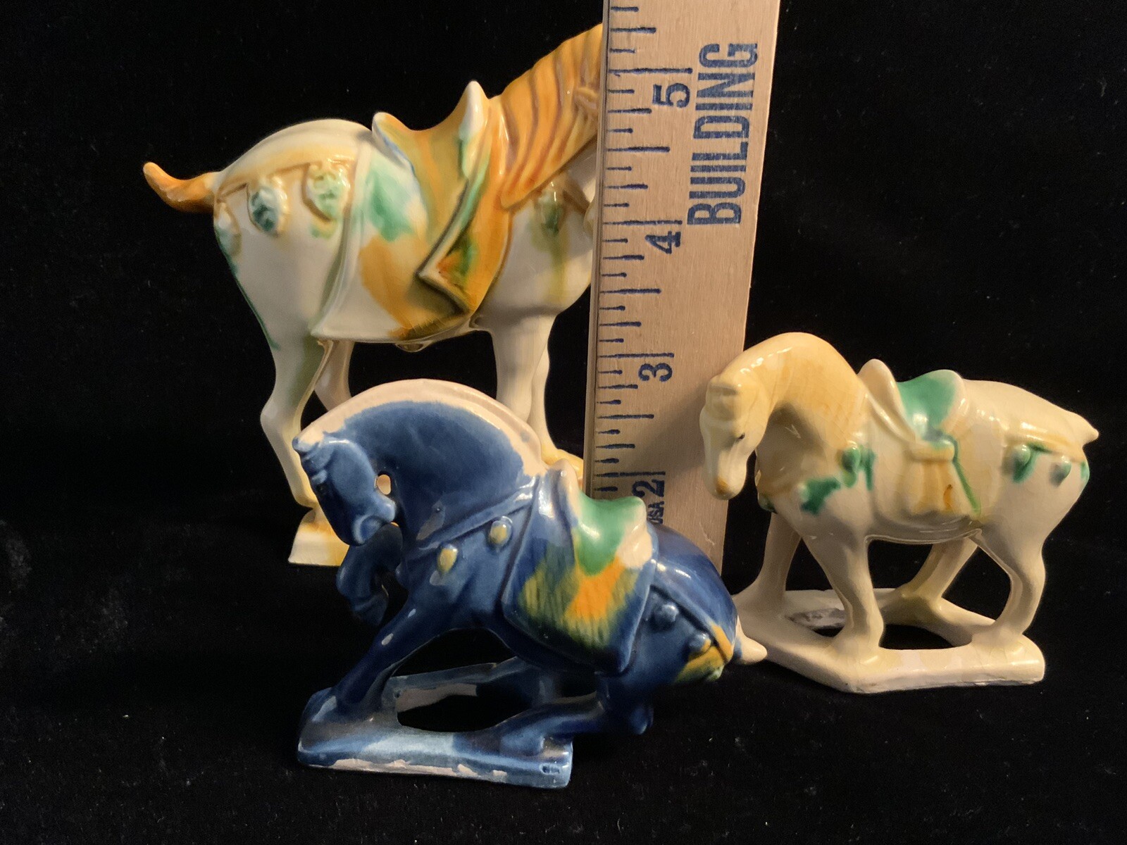 Chinese Tang Dynasty Drip Style Glaze Ceramic Horse Figurines Set of 3 Vintage