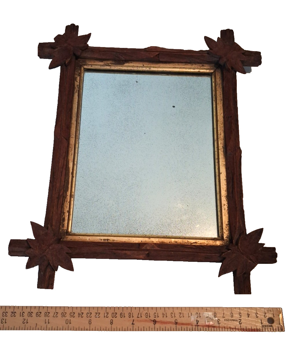 Antique Adirondack Black Forest Style Tramp Art Carved Wood Frame Mirror