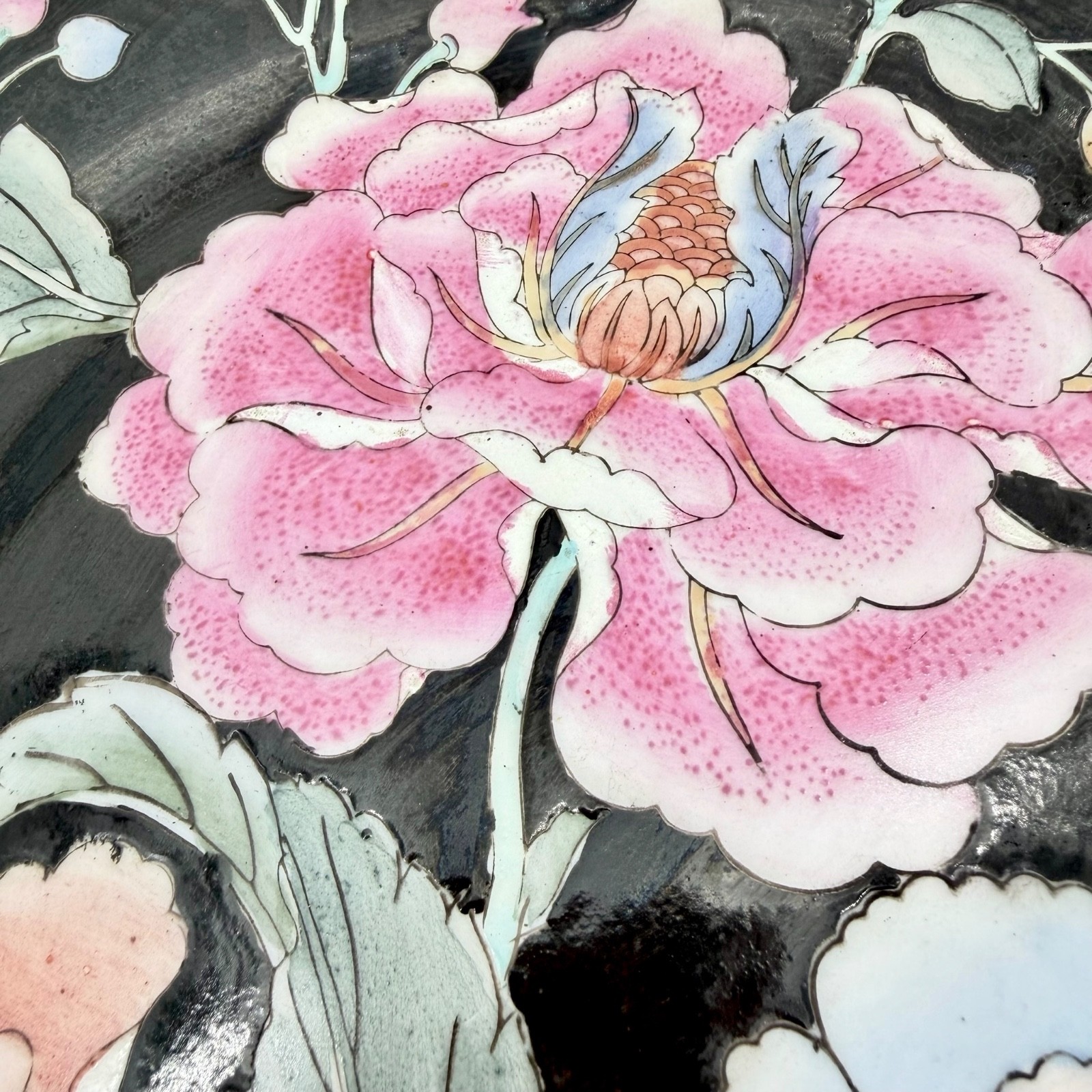 Vintage HFP Macau Enamel Porcelain Plate Famille Noire Peony Floral Wildwood 9″