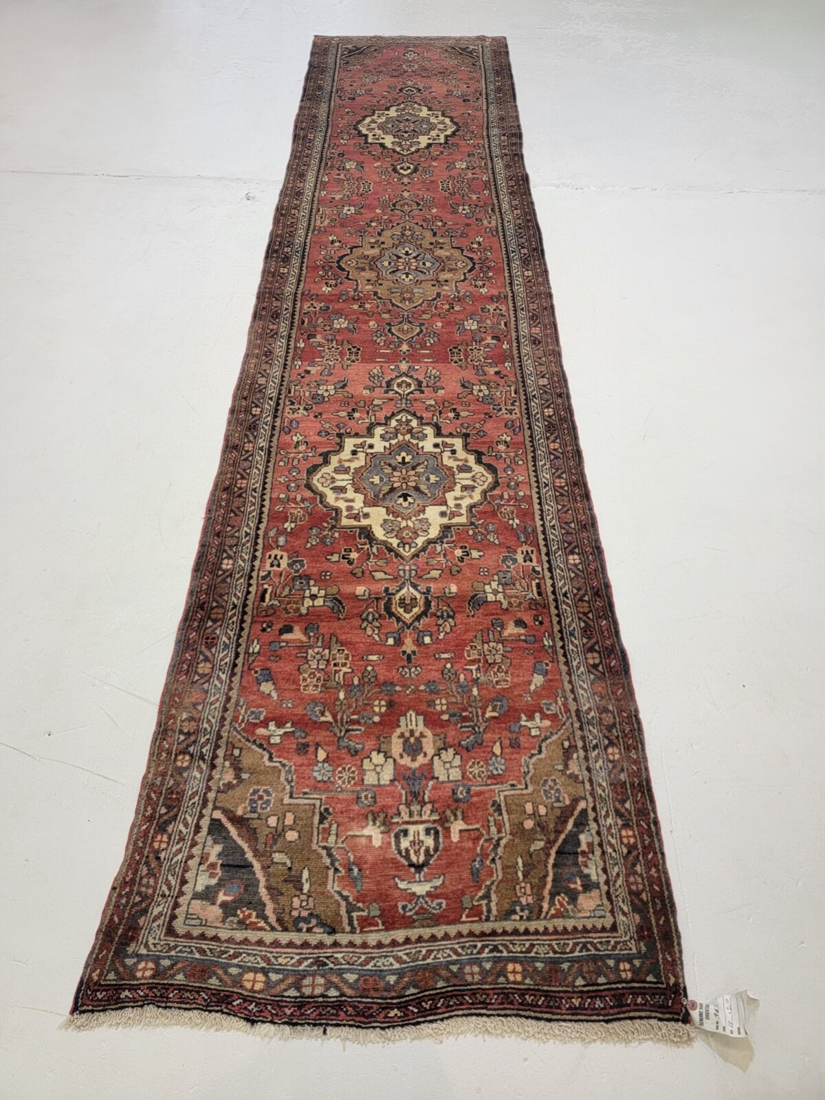 Antique Oriental Hand-Knotted Wool Runner Red/Ivory/Blue 2’10” x 13′