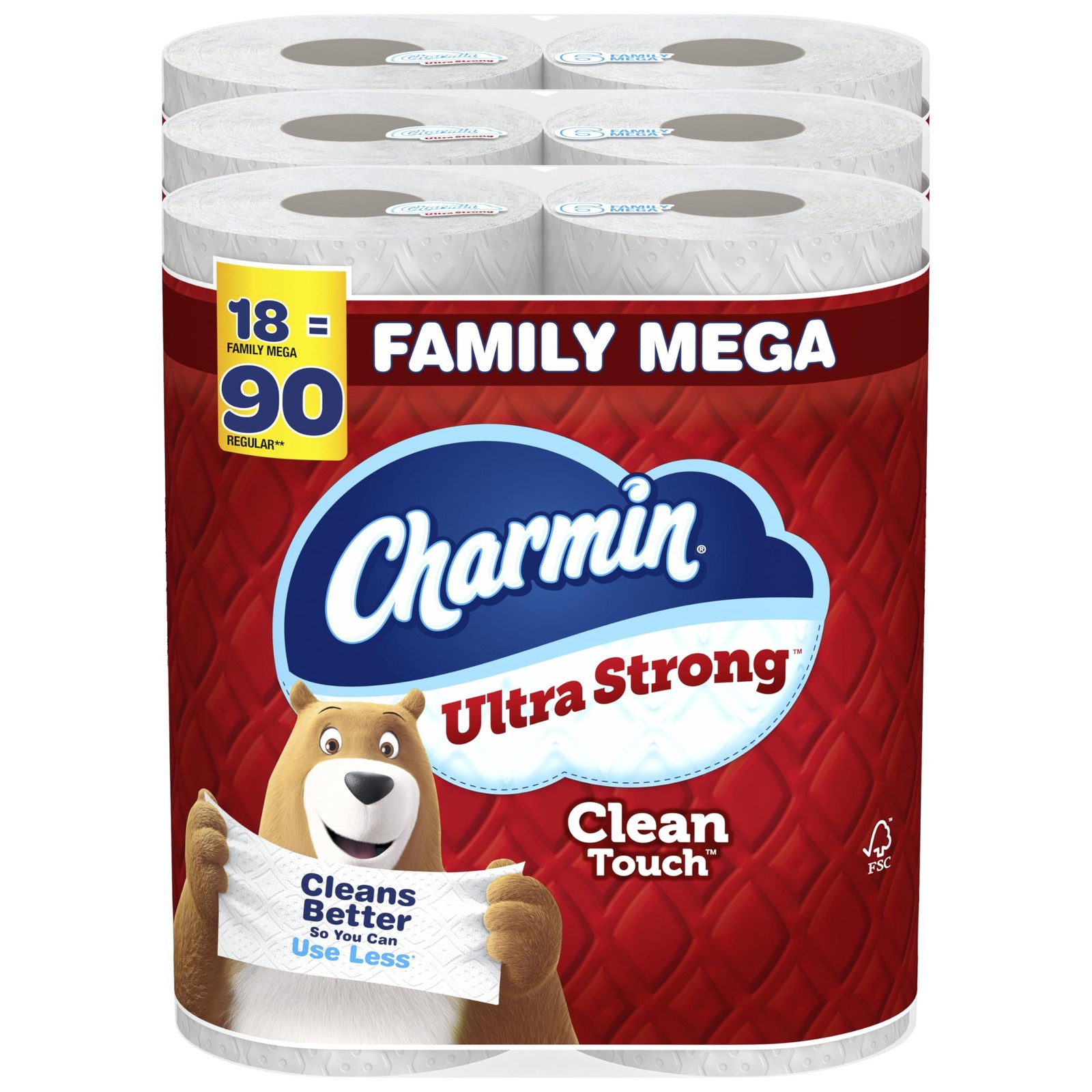 Charmin Ultra Strong Clean Touch Toilet Paper, 18 Family Mega Rolls = 90 Regu…